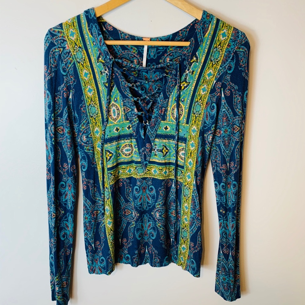 Free People- Blue Aloha V-neck lace up Top